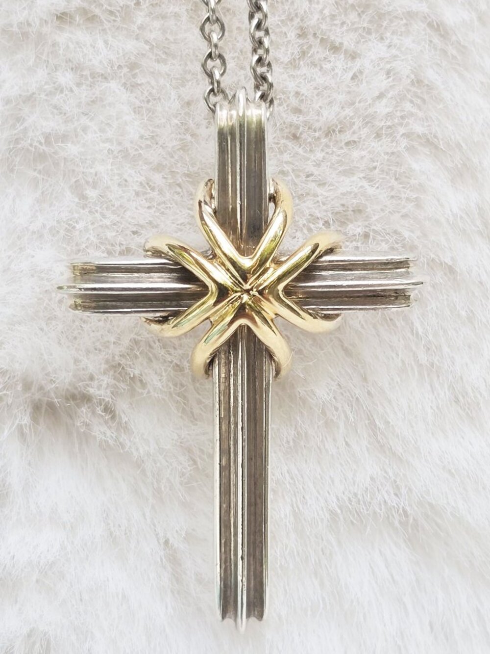 Authentic Tiffany Co. Cross Pendant 925 18K Gold. On 24" Chain